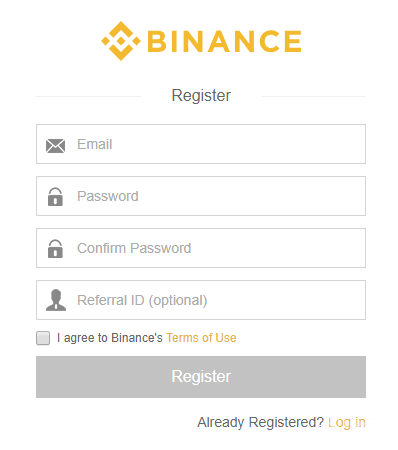 Binance register page.