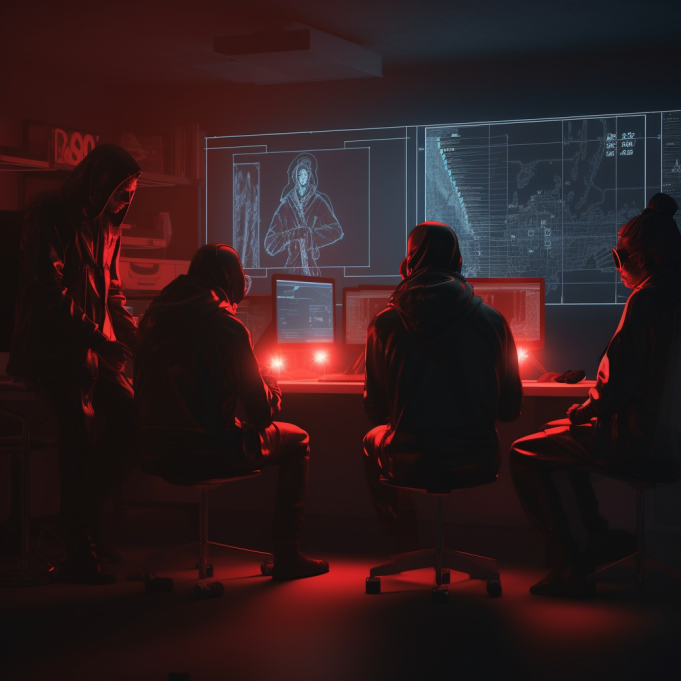 a computer generated image of four people working at screens in red light