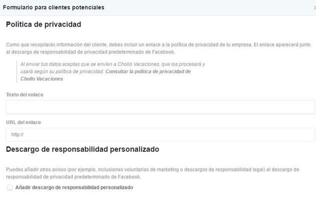 Formulario para clientes en facebook leads