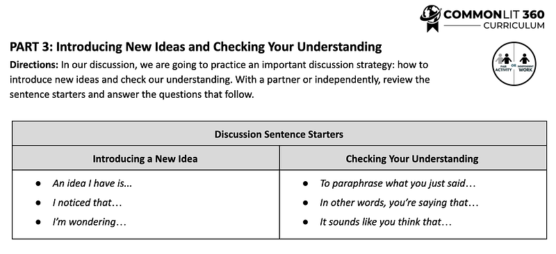 Example discussion sentence starters from a CommonLit 360 lesson.