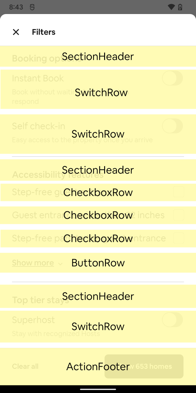 The same screen with component names overlaid on top, such as DocumentMarquee for the heading, LeadingIconRow and CheckboxRows.