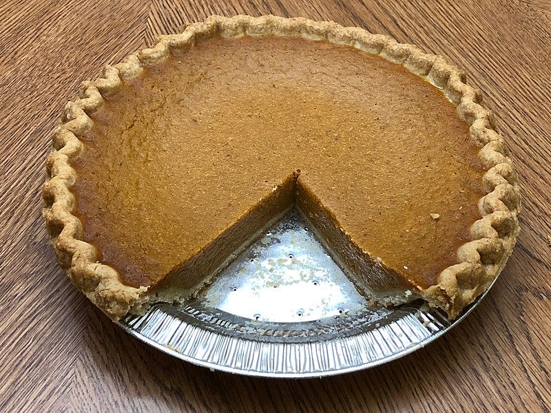 A pumpkin pie with a slice removed in the Franklin Farm section of Oak Hill, Fairfax County, Virginia