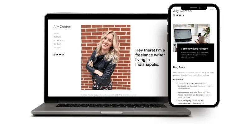 Ally Denton’s personal website displayed on a laptop and smartphone