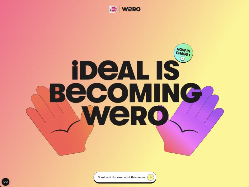 Sowieso Wero website with bold “iDEAL is becoming Wero” headline, gradient background, and illustrated hands in a playful brand transition layout