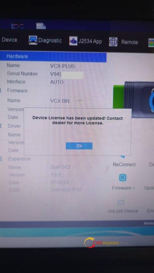 VXDIAG VCX SE IDS prompts Checksum firmware failed