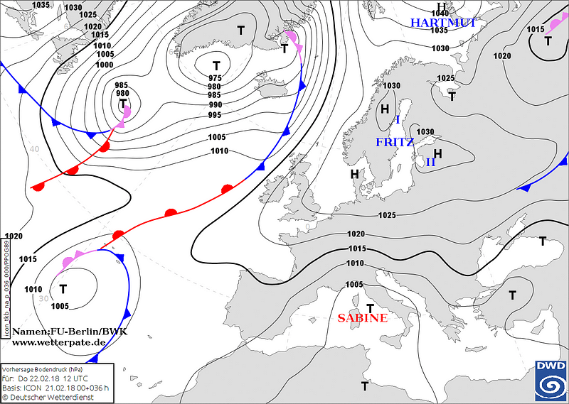 A meteorological map of Western Europe.
