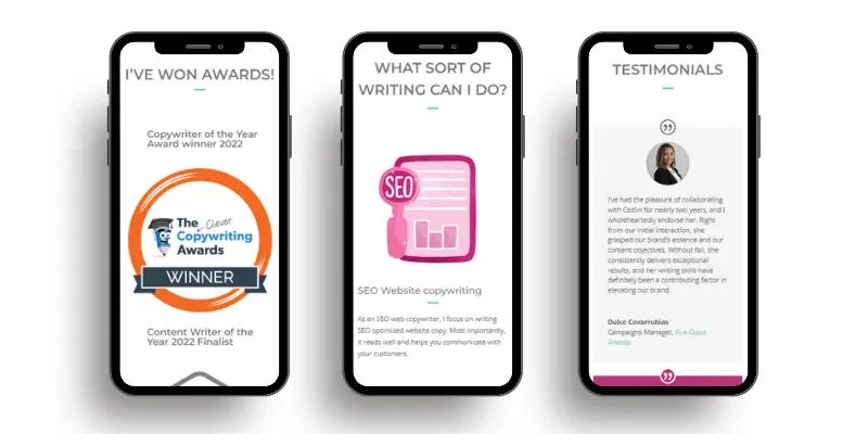 Three smartphone screens showcasing a copywriter’s website: awards, SEO copywriting services, and a client testimonial.