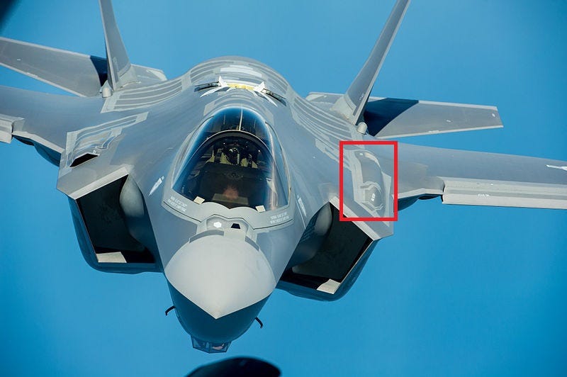 F-35A gun port, visible on its port, dorsal, shoulder position. However, different to the F-22 and the suspected gun port of J-20, the F-35A gun port bulges out significantly