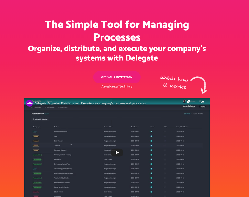 A screen shot of the Delegate homepage that says “The Simple Tool for Managing Processes”