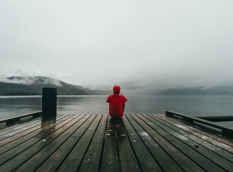 A person sitting on a wintry dock overlooking the water.