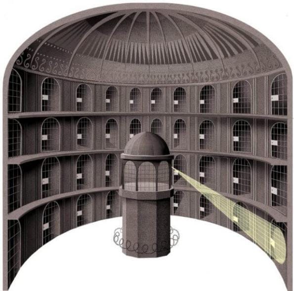 Prison panoptique : tout le monde est surveillé depuis un endroit (la tour) où l’on ne peut pas être vu.