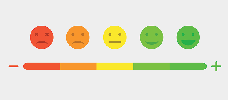 Exemplo de escala likert, que mostra cinco carinhas que representam os níveis de satisfação, desde muito insatisfeito até muito satisfeito.