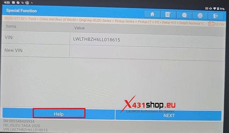 LAUNCH X431 PAD Write VIN for ISUZU TAGA Truck