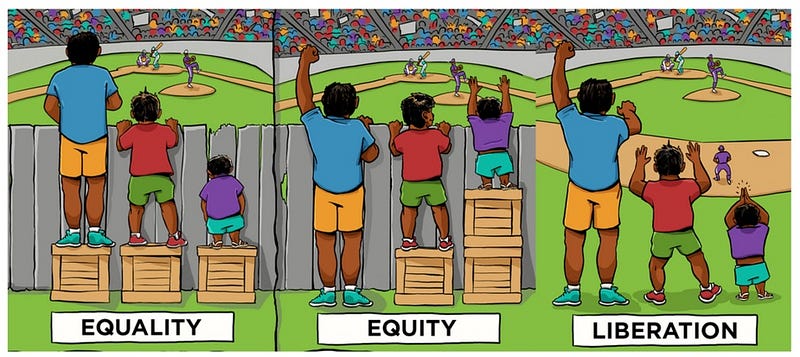 A three-panel comic. Panel one is labelled “equality” and shows a tall person, a medium-sized person, and a short person each stood on a box of the same size to try to see over a fence and watch a baseball game. The short person still cannot see due to the boxes being too small. Panel two is labelled “equity” and shows the same thing but the short person is now stood on two boxes so they can see over the fence. Panel three is labelled “liberation” and shows the three people watching the game without the need for any boxes as the fence has been removed.