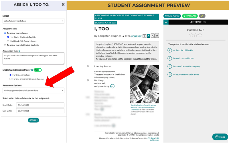 A student assignment preview and the assignment panel for the lesson "I, Too." A red arrow is pointing to "Assessment Options."