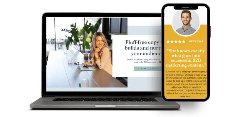 A laptop and smartphone display the website of Christine Gomolka, a freelance copywriter, featuring her working at a laptop and a customer review highlighting her expertise in B2B marketing content.
