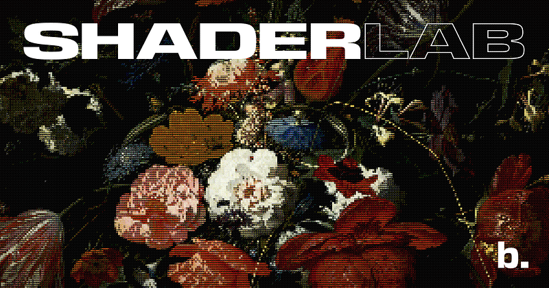 Glitchy visual composition with scanline effects and distorted imagery under bold “Shader Lab” typography, showcasing shader-based visual processing.