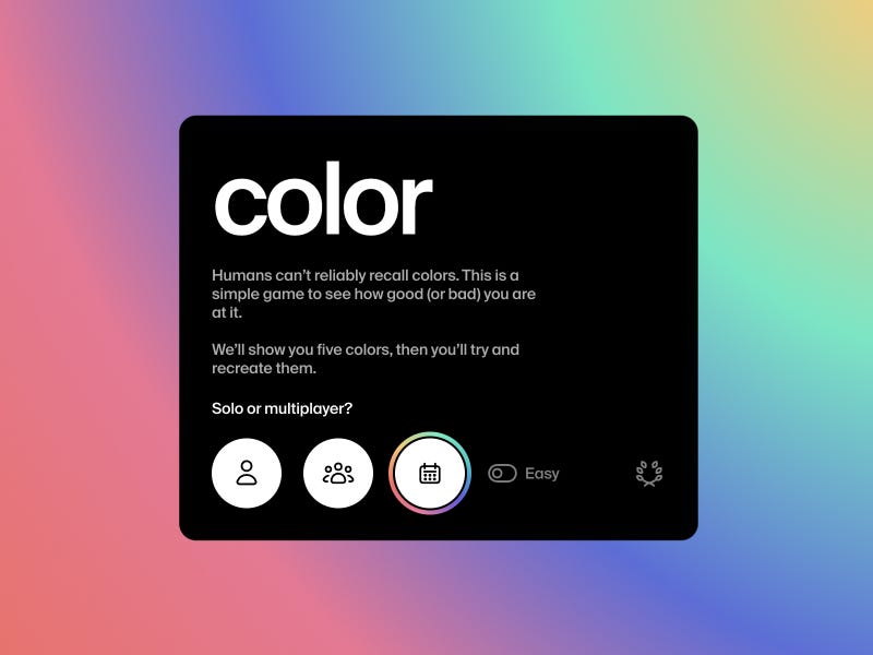 Color Game interface with dark card layout, bold “color” headline, and gradient background with minimal controls for solo or multiplayer play