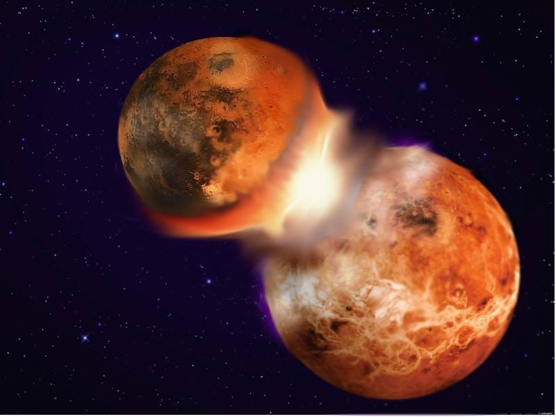 Una spaventosa collisione tra corpo planetari è all'origine della nostra Luna. Credit: Hagai Perets. In the image construction we made use of real images of Venus (credit:ESA) and Mars (credit:NASA) and artificial stellar background (credit:psdgraphics).