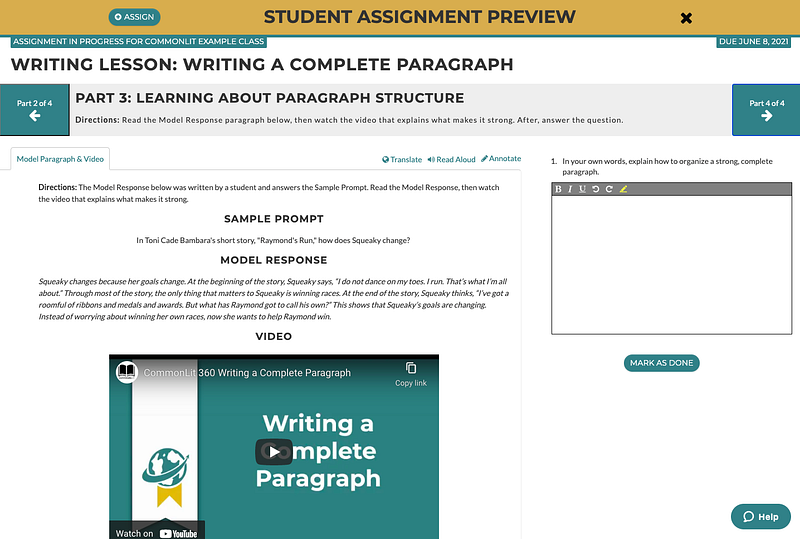 A student preview of a digital writing lesson, including a sample prompt, model response, video, and box to write in.
