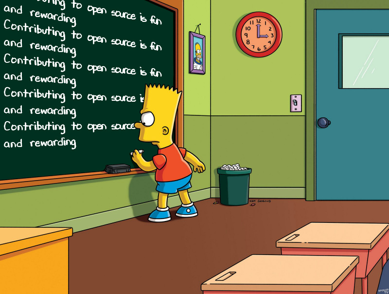 Bart writing “Contributing to open source is fun and rewarding” on a chalkboard