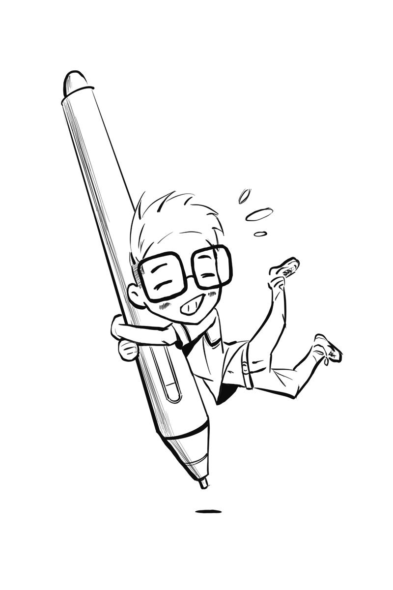 Cartoon character hugging a digital drawing pen.