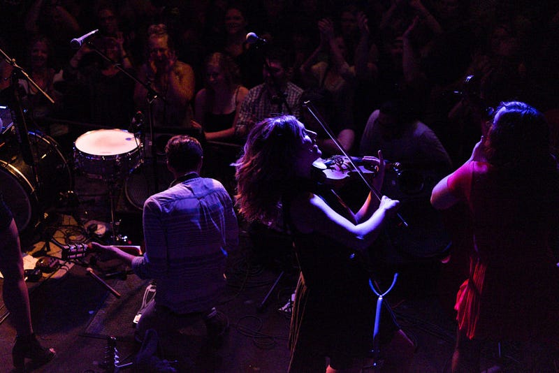 Chandra Johnson plays violin with Rabbit Wilde at The Wild Buffalo in Bellingham. Johnson came on stage to play the last few songs of the set with the band, including a cover of "Where did you sleep last night" which has been played by many bands over the years.