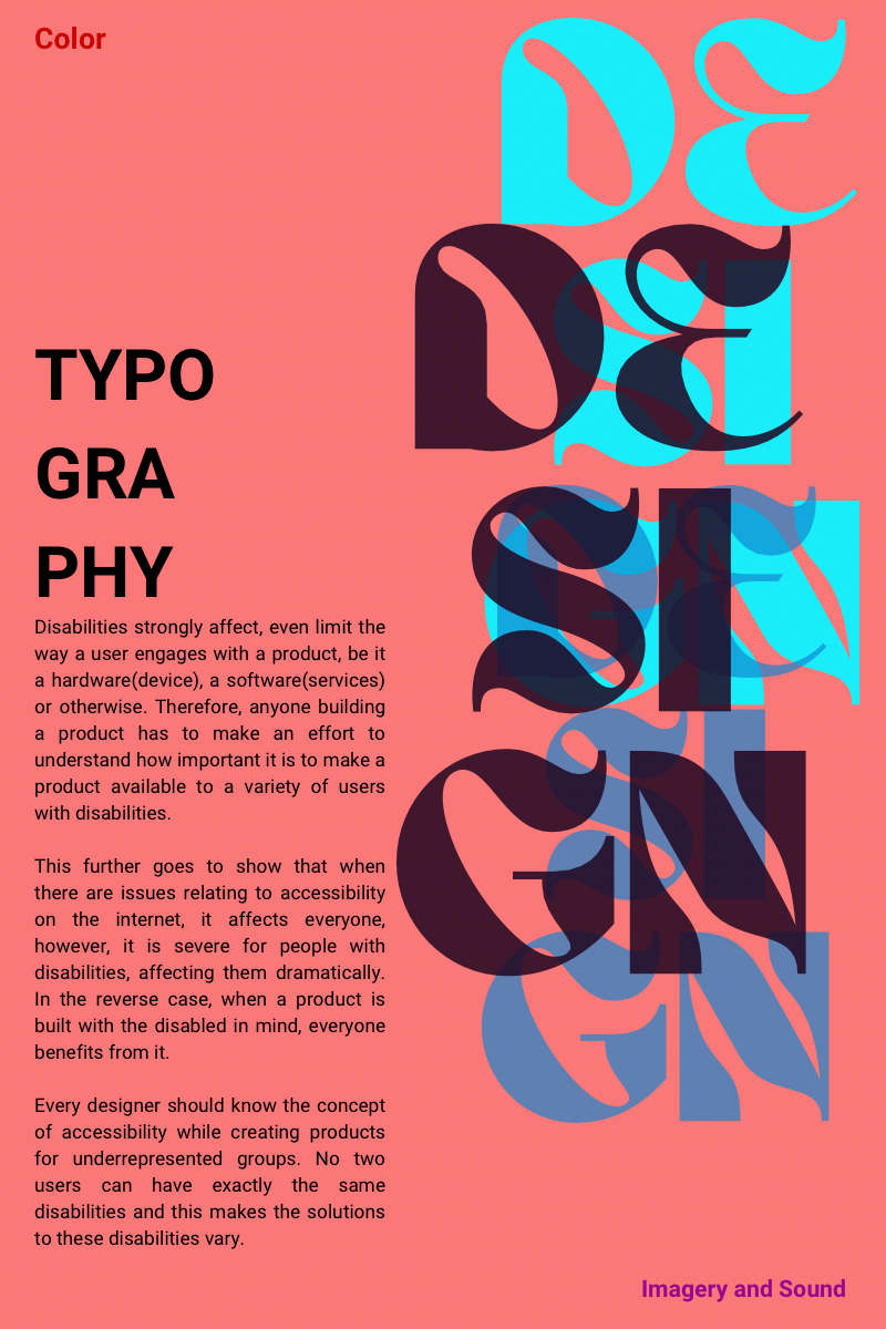 A pink chaotic poster showing the elements of design; color, typography and imagery and relationship with disability