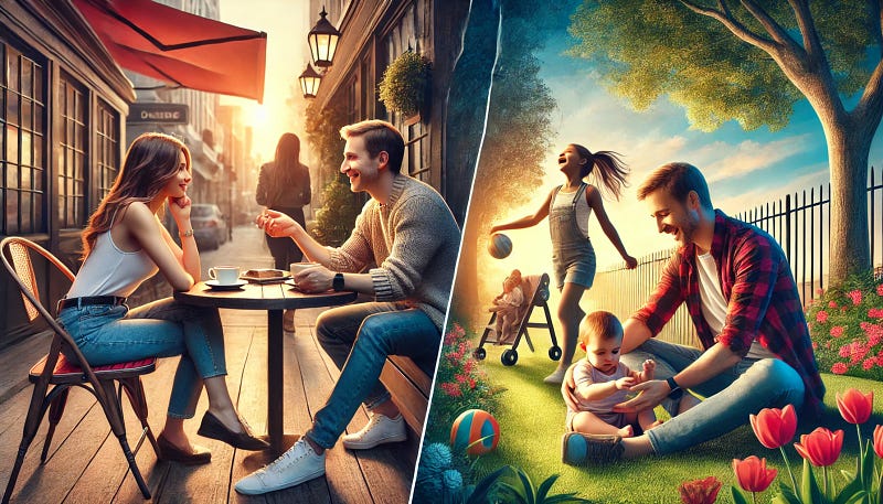 Here is the image representing the duality of post-divorce life: a couple on a date and a parent playing with their child.