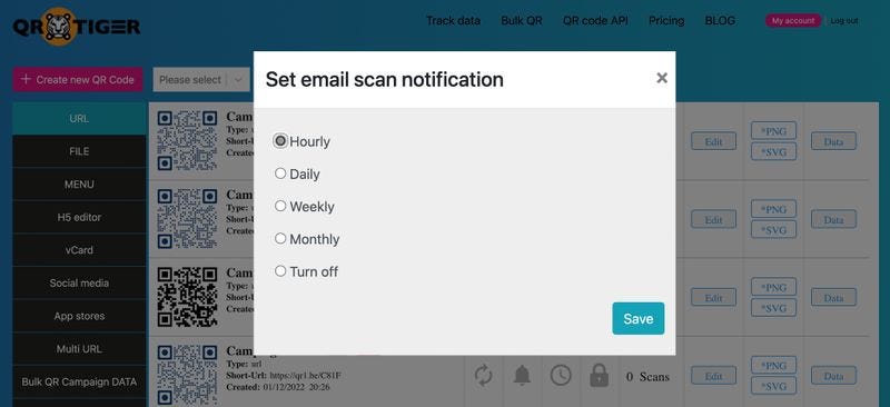 You can set an email notification for number of scans of your dynamic QR code.