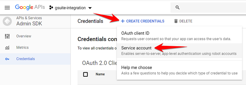 Screenshot: The integration needs credentials to authenticate with the G Suite admin API, and a service account is one of the three types of credentials that you can create in the credentials section