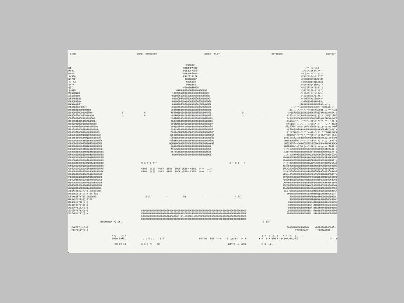 Minimal monochrome interface with fragmented text blocks arranged in columns, resembling a glitchy, system-like layout with experimental typography.
