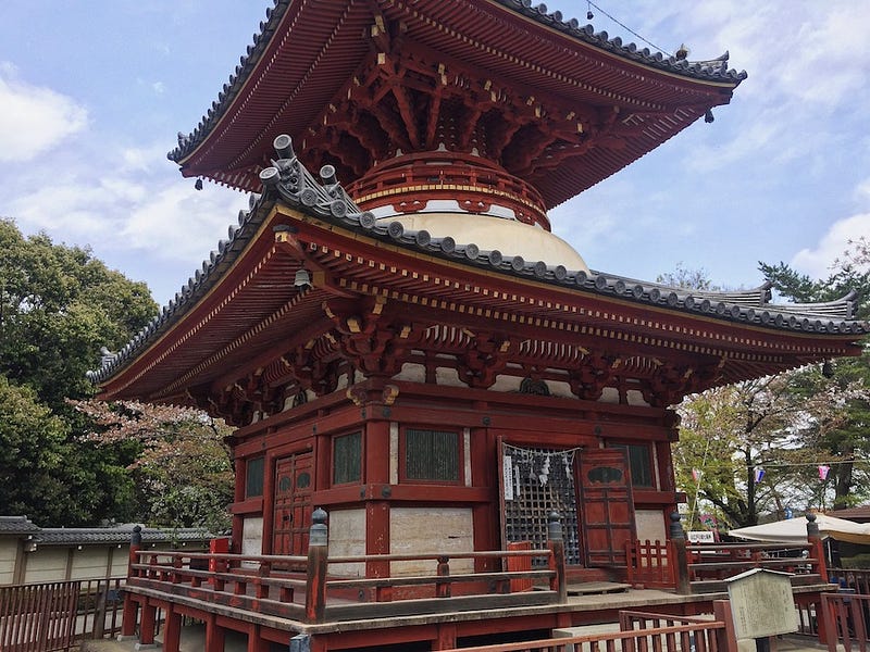 The vermillion, two-storied pagoda at Kawagoe’s Kita-in temple complex in Saitama Prefecture