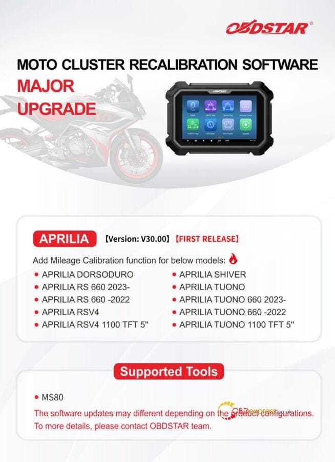 OBDSTAR MOTO Cluster Recalibration & DIAG Software Update in Oct.