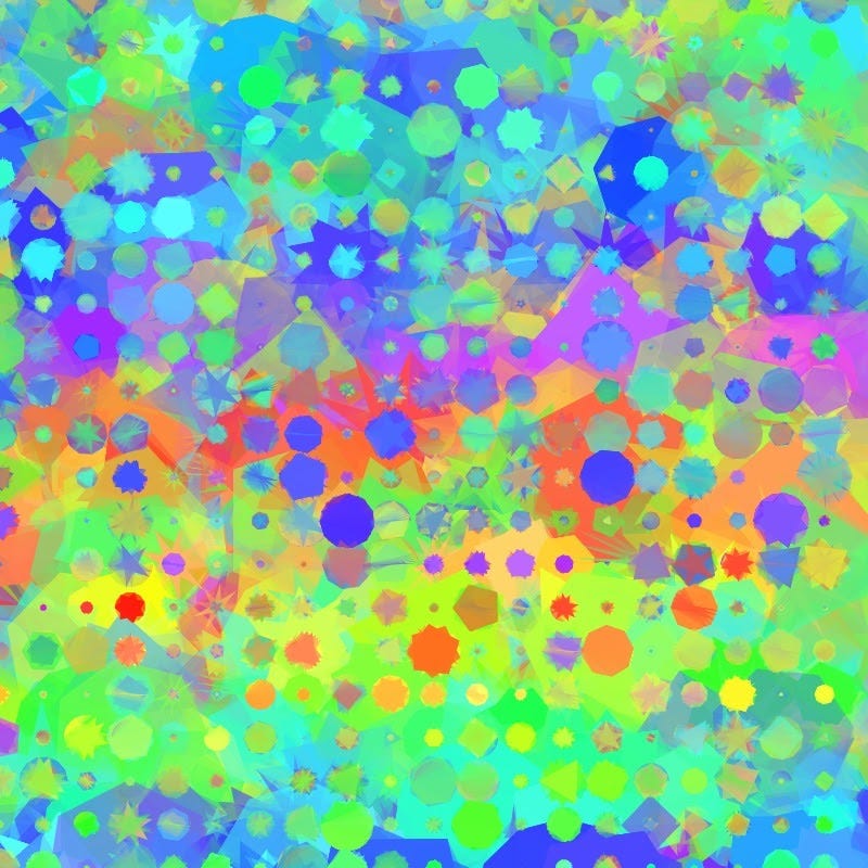 An example of an abstract visualization of DNA, showing multicolored spots, stars, and shapes that appear over a bright, multicolored background.