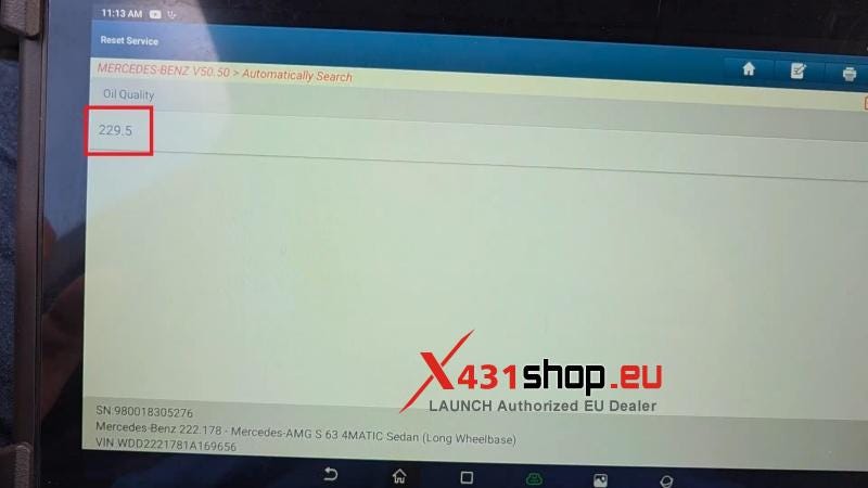 LAUNCH X431 PAD7 Mercedes S-Class W222 Oil Service Reset