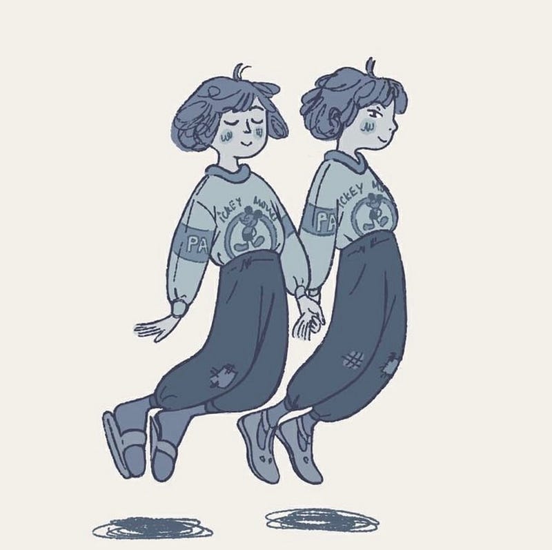 Illustration of twin girls floating with bent knees