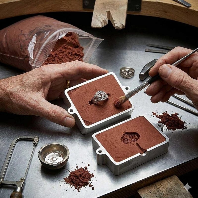 Molten gold being poured into mold during jewelry casting and production process
