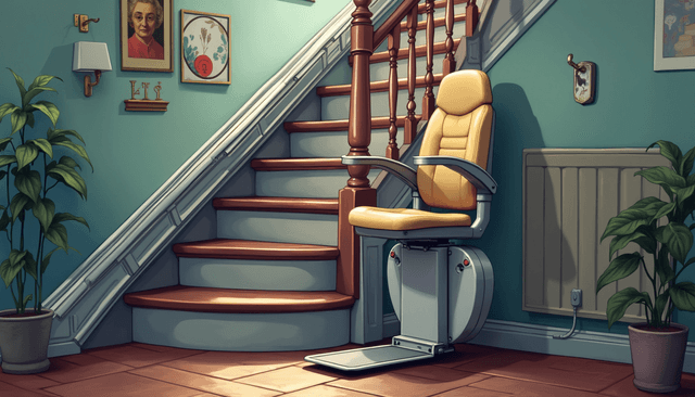Stairlift against the wall next to a staircase with a lift rail on it