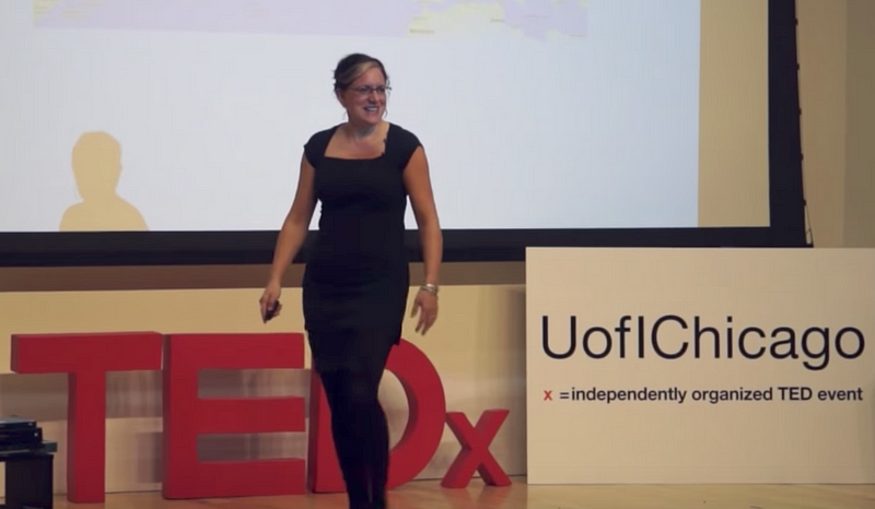 Kim Potowski on stage giving a TEDxTalk