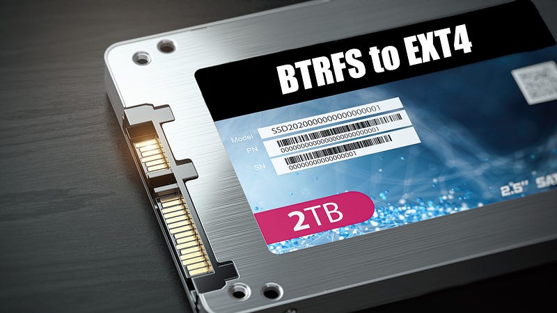 Foto de um SSD com a legenda BTRFS para EXT4