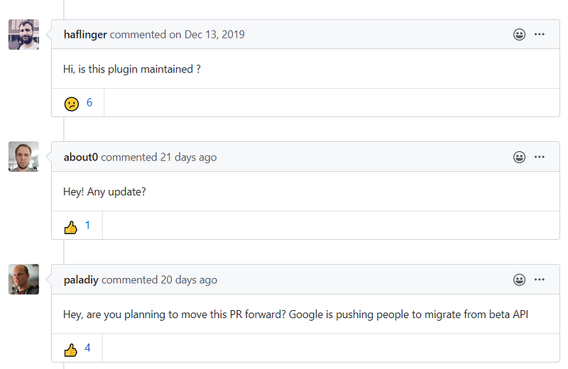 Screenshot: GitHub users wandering if Serverless' plugin is still maintained 