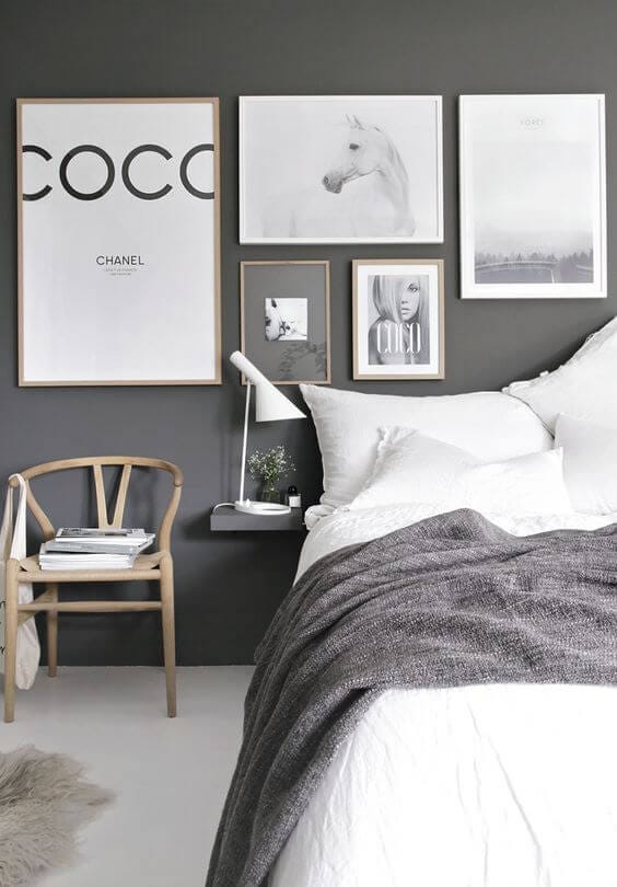 Scandinavian grey bedroom with prints