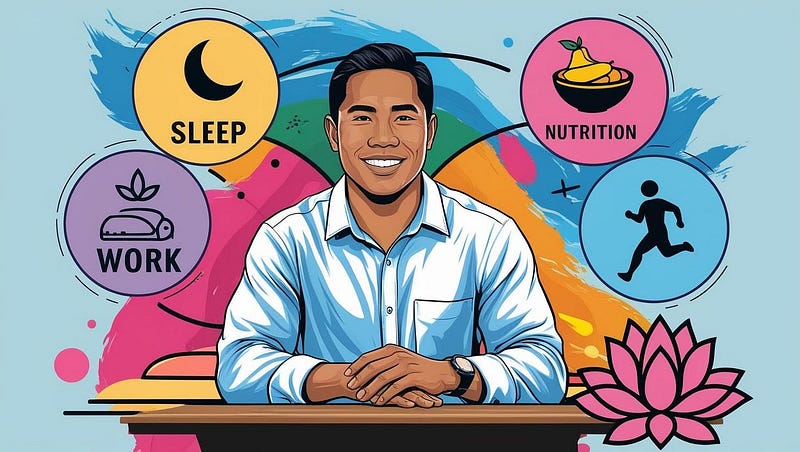 A dynamic illustration of a person balancing work and rest, surrounded by icons representing sleep, nutrition, exercise, and mindfulness, symbolising holistic fatigue management.