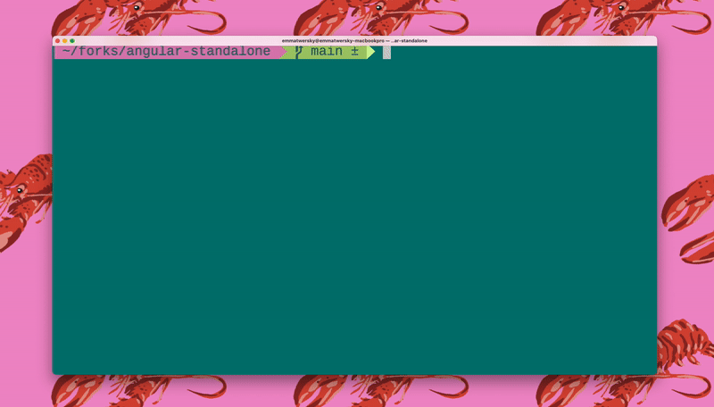 Terminal with the Angular CLI running `ng analytics` commands and showing the output of global analytics settings. The terminal is dark green and the screen background is pink with graphic prints of red lobsters.