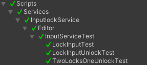 Unity Test Runner window showing all input lock unit tests passing