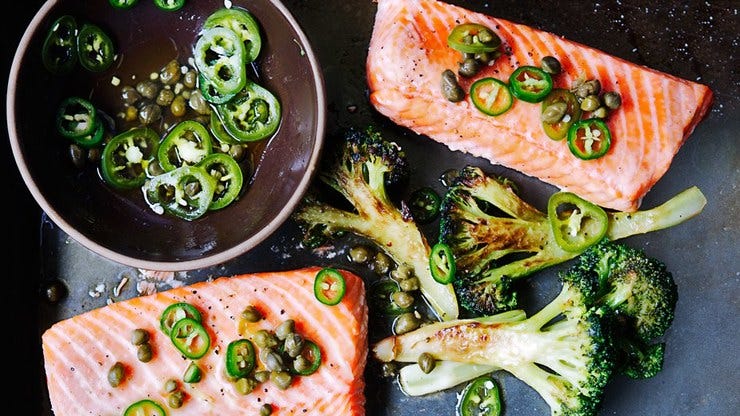 Roast salmon and broccoli with chile caper vinaigrette