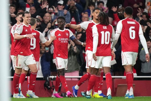 Selebrasi Bukayo Saka dkk. dalam laga Arsenal vs Atletico Madrid di leg kedua semifinal Liga Champions 2025/2026, Rabu (6/5/2026). © AP Photo/Alastair Grant