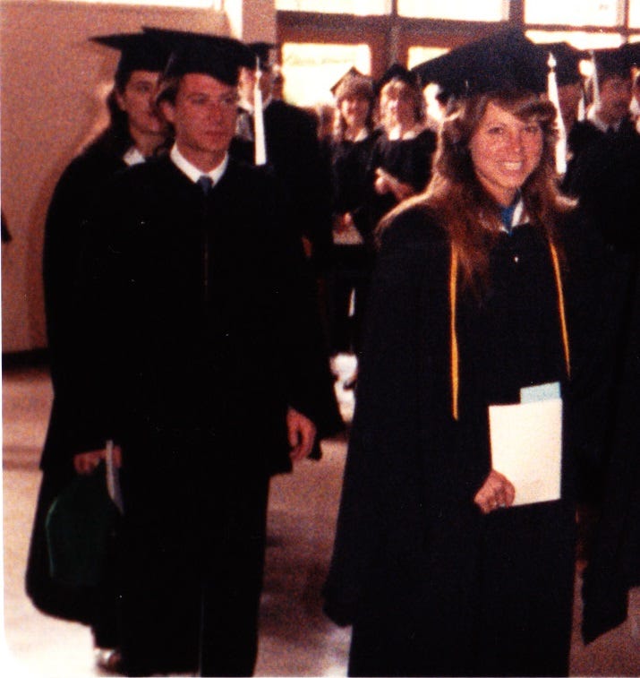 Mark and Elise Guerette pose for a photo following their graduation in the mid 1980’s. Both Mark and Elise were business and computer science students.Courtesy photo compliments of Mark and Elise Guerette. 