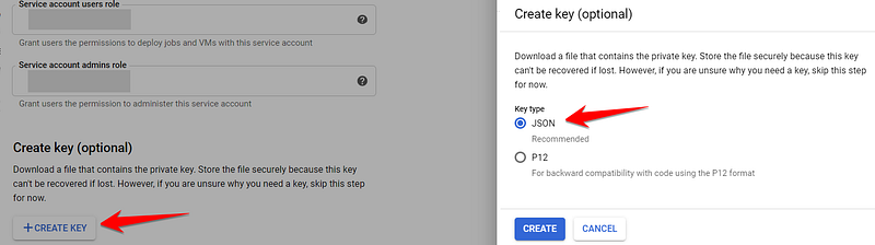 Screenshot: In the wizard for creating a service account, we generated a credentials file by clicking “Create Key” and choosing the JSON format
